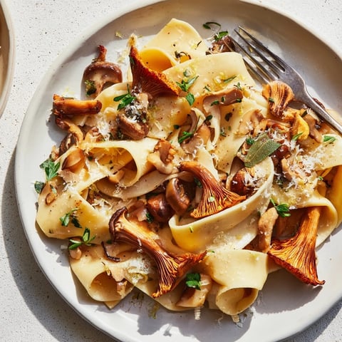 Cozy fall pasta with wild mushrooms, brown butter, and parmesan, garnished beautifully.  