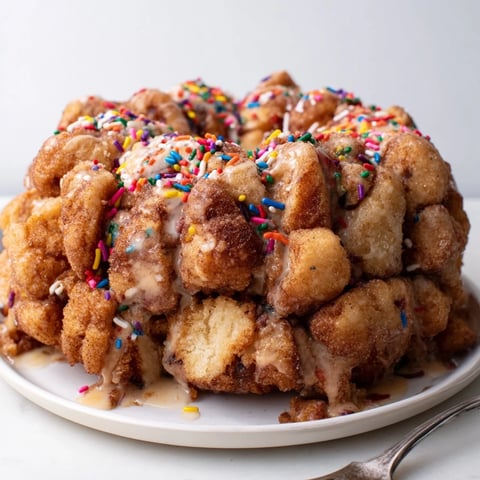 Colorful Funfetti coffee cake monkey bread drizzled with sweet vanilla glaze and sprinkles.  