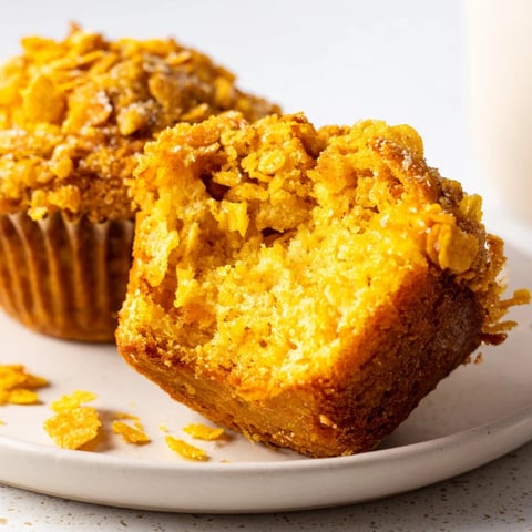 Buttery pumpkin cornflake muffins with golden tops and crunchy sweet cornflake topping.  