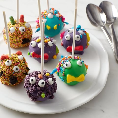 Whimsical salted caramel monster cake pops with vibrant colors and playful decorations.  