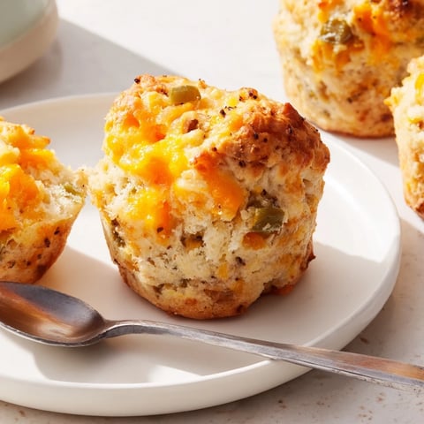 Fluffy Cheesy Jalapeño Sweet Tea Biscuit Muffins fresh from the oven, golden and savory.  