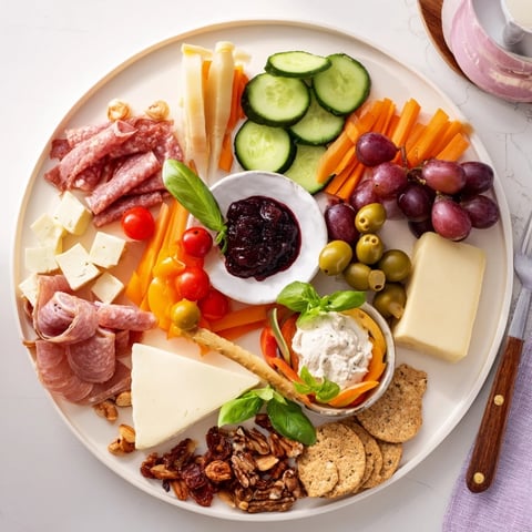 A colorful Girl Dinner Platter showcasing cheeses, fruits, and dips for sharing.  