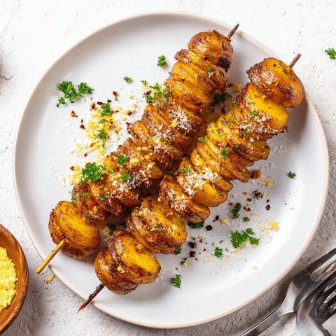 Crispy air-fryer tornado potatoes topped with Parmesan and fresh parsley skewers.  