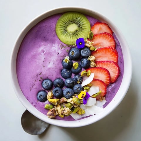 Vibrant smoothie bowls with purple yam and pistachio, topped with fresh fruits.  