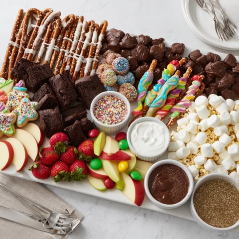 A colorful dessert board with themed snacks and sweet treats for gatherings.  