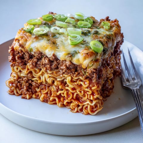 Spicy Ramen Lasagna layered with savory pork, creamy cheese, and flavorful sauce.  