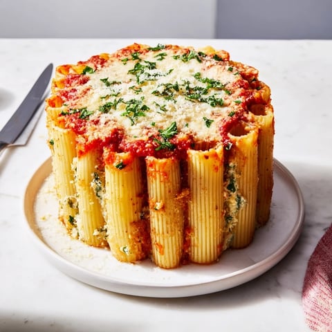 Delicious honeycomb pasta cake topped with bubbling mozzarella and fresh herbs.  