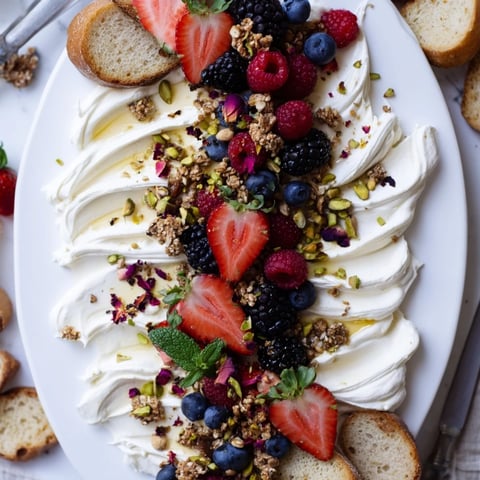 Creamy Butter Board Dessert topped with fresh berries and nuts on a platter.  