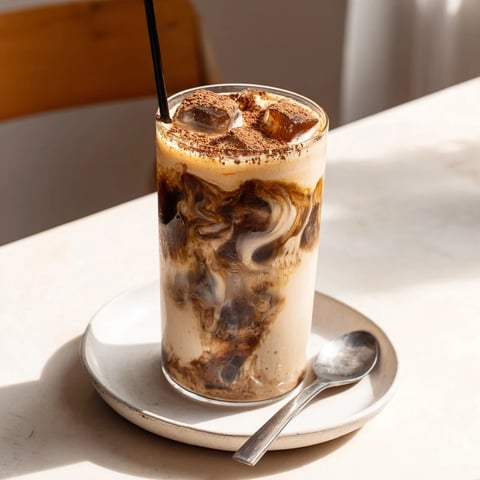 Smooth tahini iced coffee topped with creamy plant-based milk and ice.  
