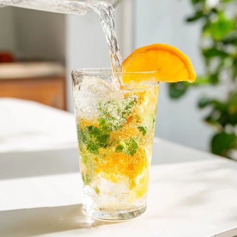 Refreshing probiotic soda mocktail served over ice with citrus and mint.  