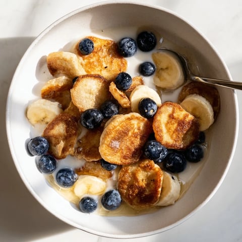 Bite-sized mini pancake cereal topped with fresh berries and drizzled maple syrup.  