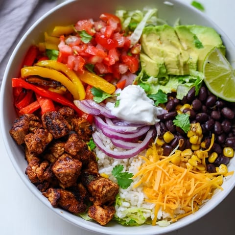 Juicy sheet pan chicken burrito bowls piled high with roasted veggies and toppings.