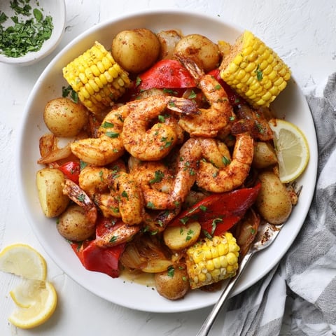 Spicy Cajun shrimp & sweet corn platter with vibrant colors and delicious flavors.  