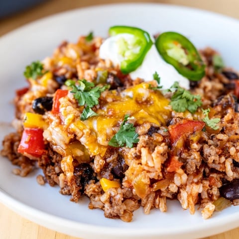 Hearty Tex-Mex Beef & Rice Casserole topped with melted cheese and fresh cilantro.  