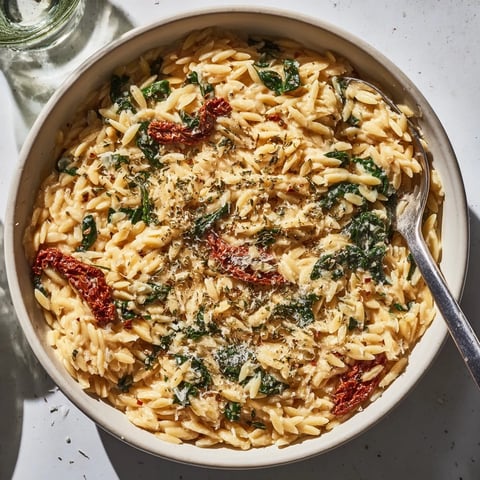 A comforting creamy Tuscan orzo bowl, loaded with spinach and sun-dried tomatoes.  