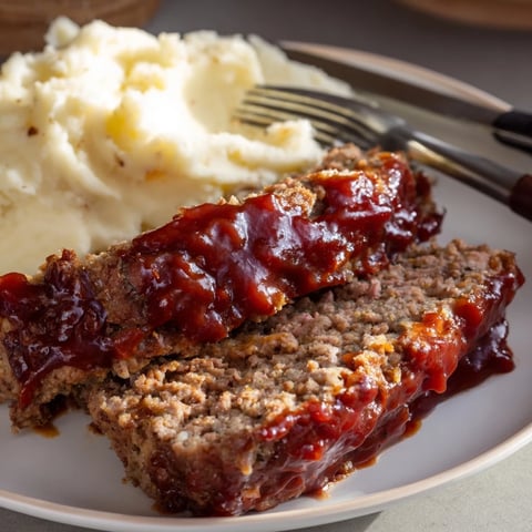 Juicy classic meatloaf drizzled with sweet glaze alongside creamy mashed potatoes.  
