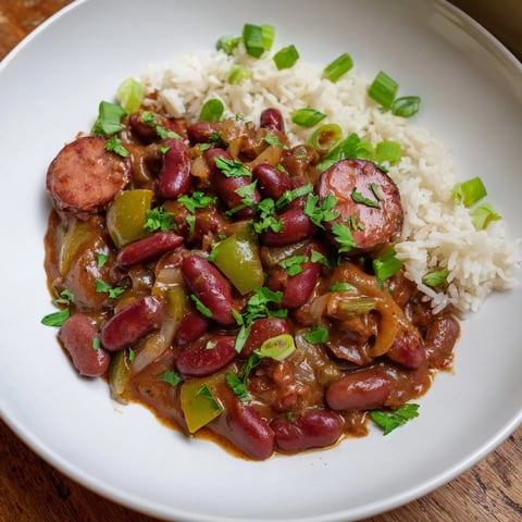 Steaming bowl of Red Beans & Rice, a Creole classic with sausage and fluffy white rice.