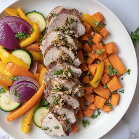 Juicy Roasted Garlic Pork Tenderloin with golden brown vegetables ready for serving on a plate.