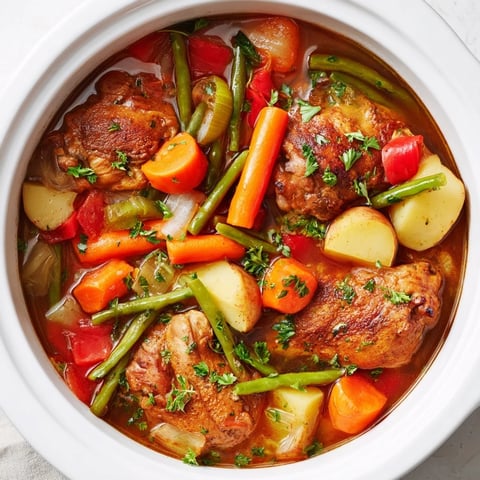 Slow-Cooker Chicken & Vegetable Stew: A steaming bowl brimming with tender chicken and vibrant vegetables.