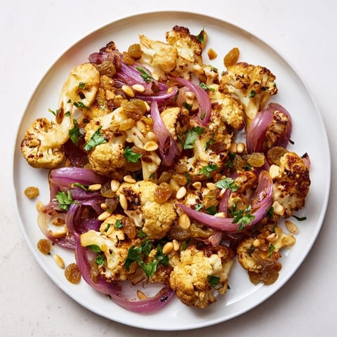 Golden roasted Warm Roasted Cauliflower & Lemon Pine-Nut Dressing Salad, perfect for a flavorful side dish.