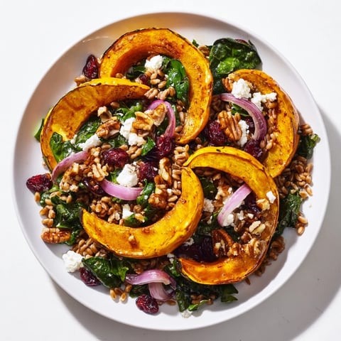 Golden maple-roasted acorn squash tops this hearty Farro & Mustard Green Salad, ready to enjoy.