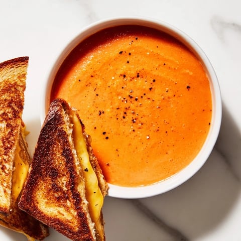 Steaming bowl of 5-Ingredient Tomato Soup beside perfect golden grilled cheese ready for dunking.