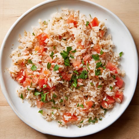 Steaming Tomato-Rice Skillet Dinner, a colorful one-pan meal, ready to enjoy with a fresh herb garnish.