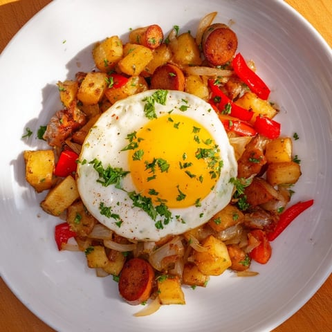 Crispy Egg & Potato Hash with Hot Dogs, golden potatoes, and perfectly cooked eggs ready to eat.
