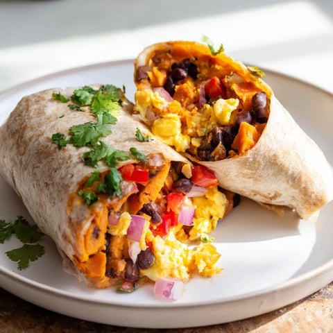 Steaming sweet potato and black bean breakfast burritos filled with cheese and fresh cilantro, ready to eat.