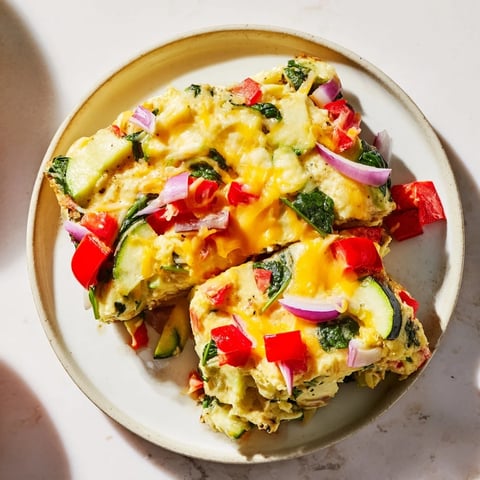 Golden-brown Egg & Veggie Sheet Pan Scramble with colorful roasted vegetables and melted cheese.