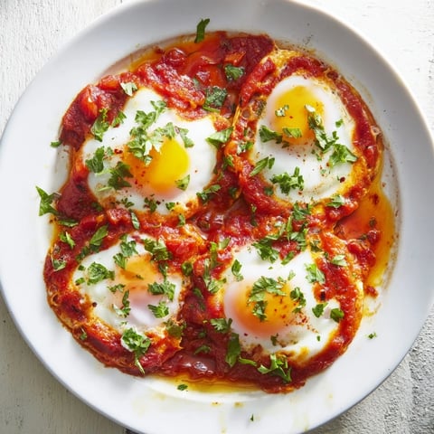 Savoury Baked Eggs in Tomato Sauce with a rich, spiced sauce, garnished with fresh herbs and served hot.