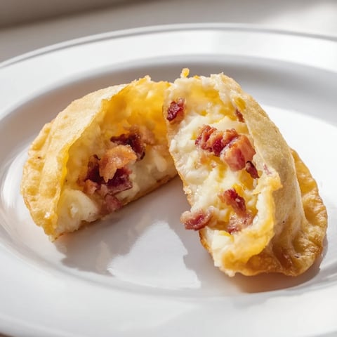 Steaming Loaded Baked Potato Soup Dumplings, golden brown and garnished with fresh chives, ready to eat.
