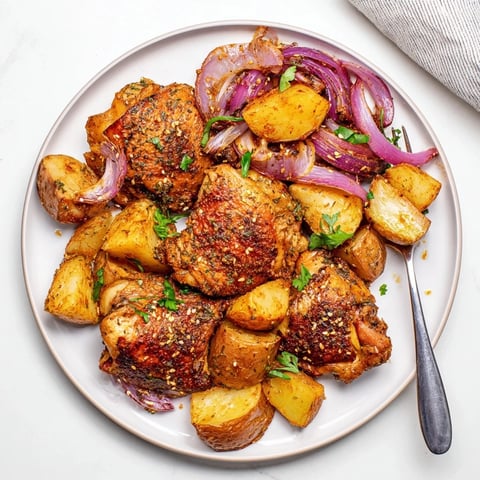 Crispy, golden Pan-Roasted Zaatar Chicken and Potatoes, beautifully served with fresh parsley garnish.