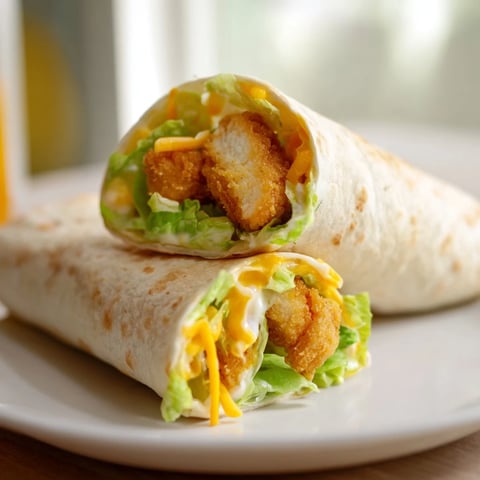 Golden-fried crispy chicken with ranch, lettuce, and cheddar filling a delicious snack wrap.