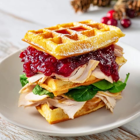 Golden holiday waffle sandwiches layered with turkey, cranberry sauce, and melted cheese, ready to enjoy.