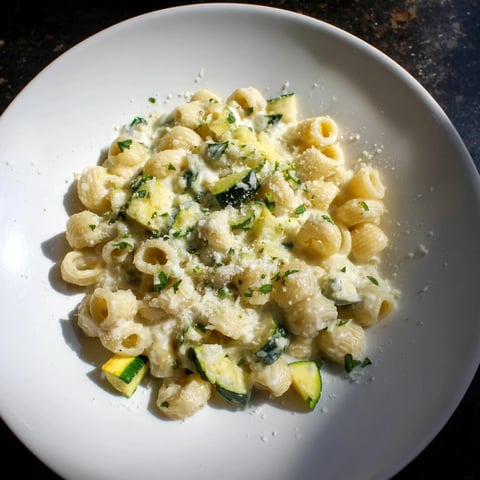 Golden bowl of One-Pot Creamy Zucchini Ditalini pasta, fresh parsley, and grated Parmesan.