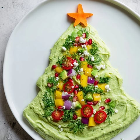 Creamy whipped avocado Christmas tree dip decorated with colorful vegetables for a festive appetizer.