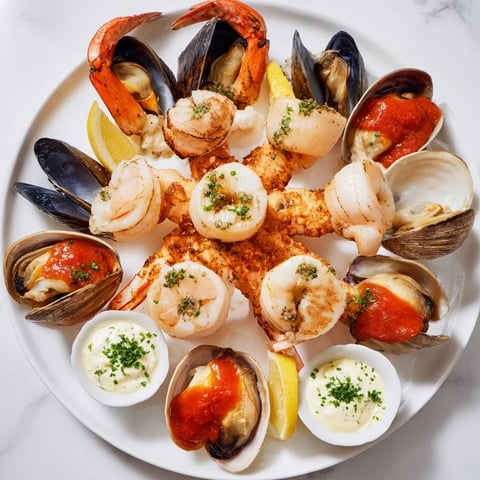 Starfish and shell appetizer board: a delicious seafood arrangement with shrimp, scallops, and fresh herbs.