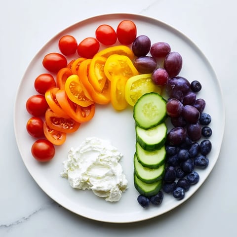 Vibrant Rainbow Cloud Snack Board boasting colorful fruit and veggie slices atop a fluffy cloud of dip.