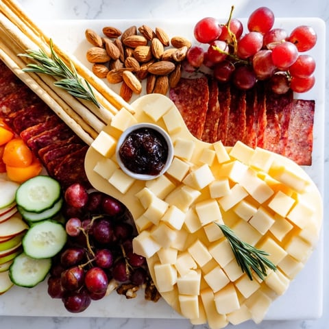 Rock Star Guitar Platter arranged with cheeses, meats, and fruit, ready for a party.