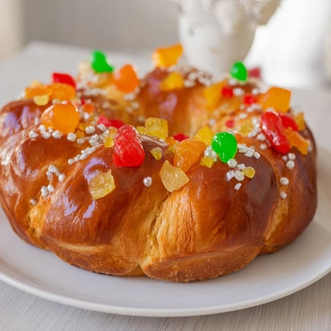Golden, baked Couronne de Roi Bijoux Sucrés, a French crown bread glistening with glazed fruits and pearl sugar.