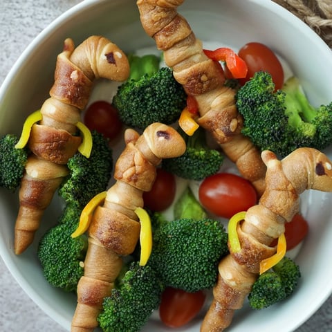 Colorful Dinosaur Bone Prehistoric Crudités appetizer platter with crunchy veggies and baked breadsticks.