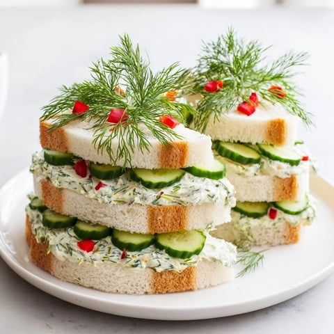 Cucumber and Cream Cheese Tree Stacks feature vibrant green cucumber layered atop creamy cheese on bread, garnished.