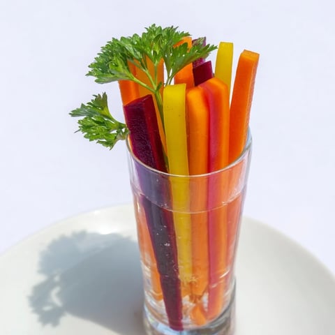 Vibrant Simple Crudités: Rainbow carrot sticks displayed in tall glasses, perfect for a fresh appetizer.