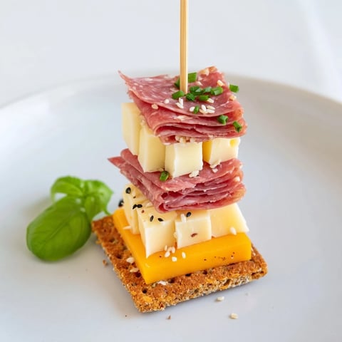 Layered Urban Skyline appetizer, a visually engaging stack of crackers, cheeses, and meats.