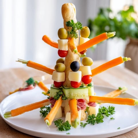 Fractal Tree Branching Bread Centerpiece: a savory appetizer featuring colorful vegetables and cheese arranged.