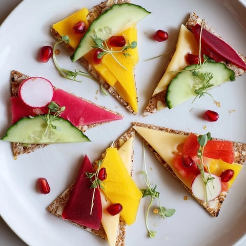 Vibrantly colorful The Tessellation Triangle appetizer with precisely cut cheese and fruits arranged in a geometric mosaic.