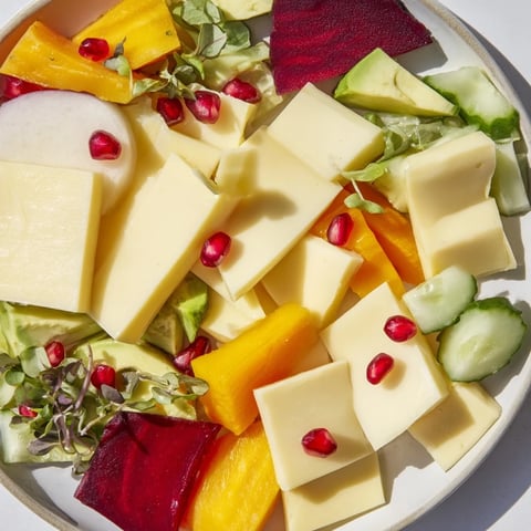 A vibrant The Tessellation Triangle appetizer with meticulously arranged cheese and colorful fruit.