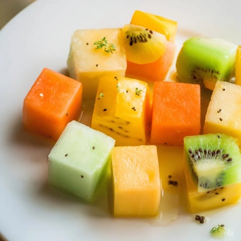 Vibrant "Cube Geometry Study" showcases colorful fruit and feta cubes, expertly arranged on a white plate.