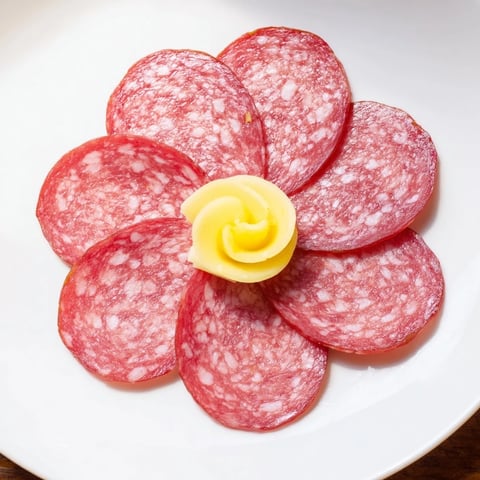 Vibrant Tudor Rose appetizer: perfectly arranged salami petals with a bright yellow cheese center.